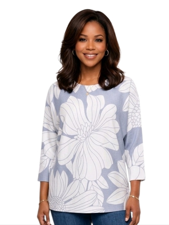 Sioni Sweaters - Sioni Blue And White Floral Print Dolman Sleeve Sweater Size M
